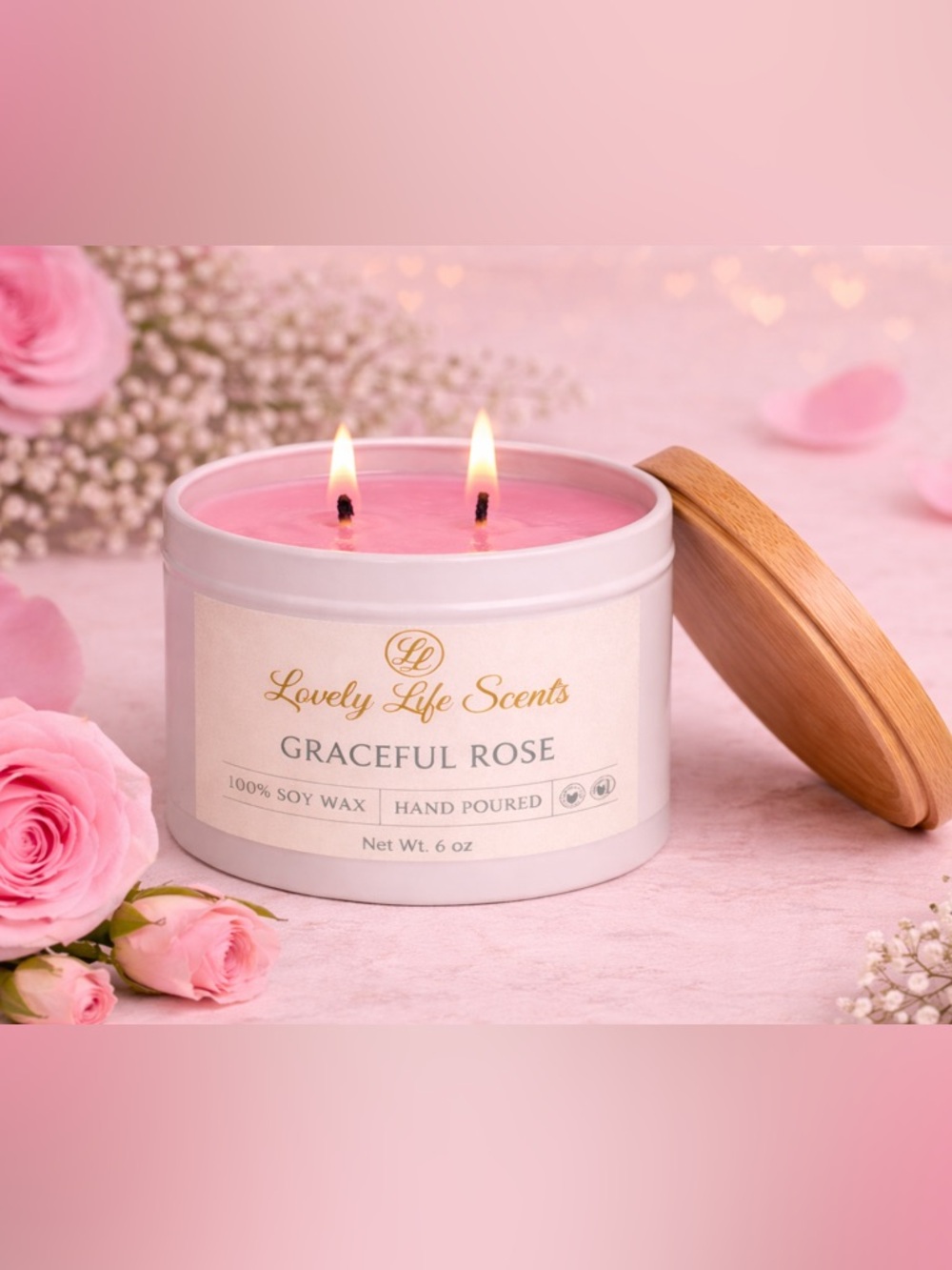 Graceful Rose Hand Poured Double Wick 100% Premium Soy Wax Candle Tin